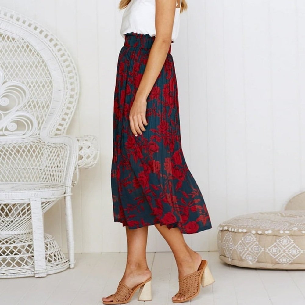 EXLURA Women Floral Pleated Flowy Side Pocket Midi Skirt Red Navy - Picture 3 of 15
